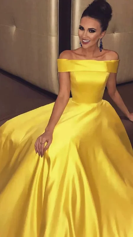 A-line Yellow Evening Dresses UK Simple Off-the-shoulder Long Prom Dresses