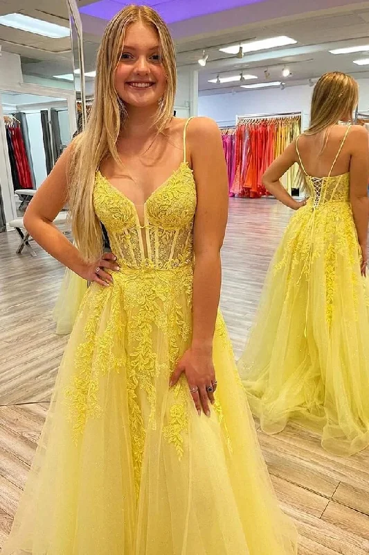 2025 A Line Yellow Lace Long Prom Dress V Neck Open Back UK Evening Dress Cheap