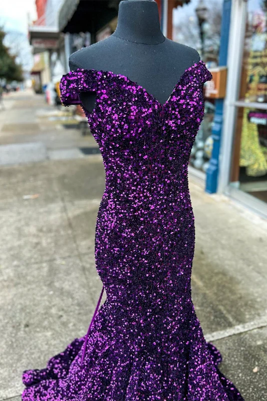 Cheap Off the Shoulder Sequins Prom Dress Purple Long Evening Dress