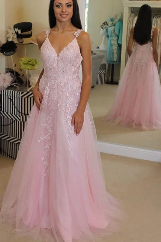 2025 Cheap Pink Prom Dresses Tulle Long Evening Dress with Appliques