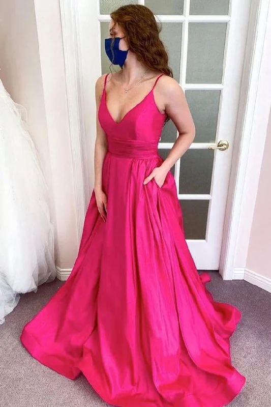 Fuchsia Long Prom Dresses Magenta V Neck Sleeveless Evening Gown UK