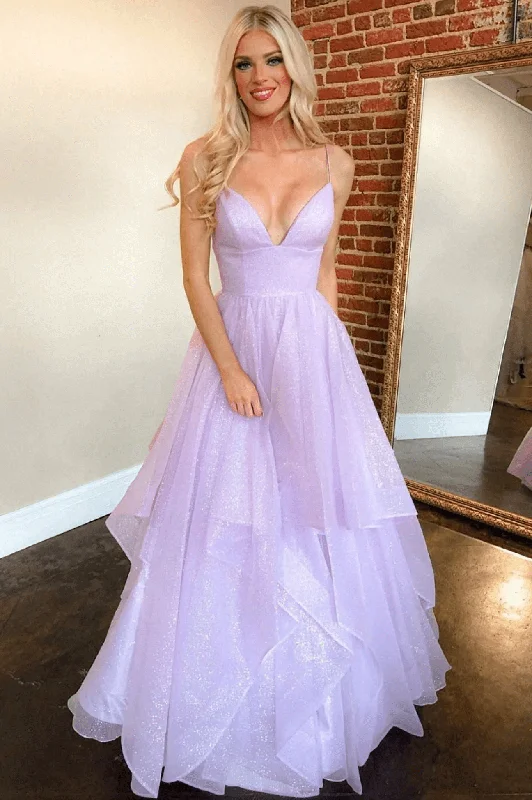 Glitter Purple Tulle Long 20224 Prom Dress Unique V-Neck A-Line Evening Formal Dresses