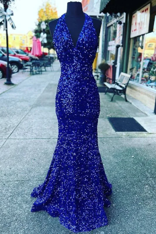 2025 Halter Royal Blue Sequin Evening Dresses UK Long Prom Dress