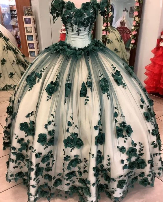 Hot 2025 Green Quicneanera Dress 3D Flowers Off The Shoulder Sweet 16 Party Dresses