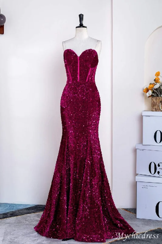 Hot Fuchsia Sequin Mermaid Prom Evening Dresses Magenta Sweetheart