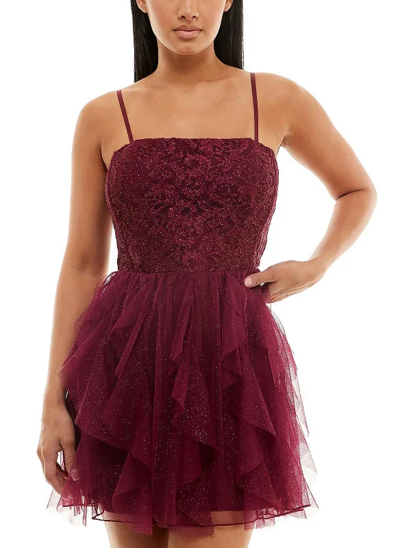 Juniors Womens Lace Mesh Cocktail and Party Dress