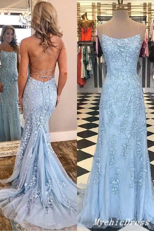 Long Blue Lace Prom Dresses 2025 Mermaid Cross Back Evening Gown