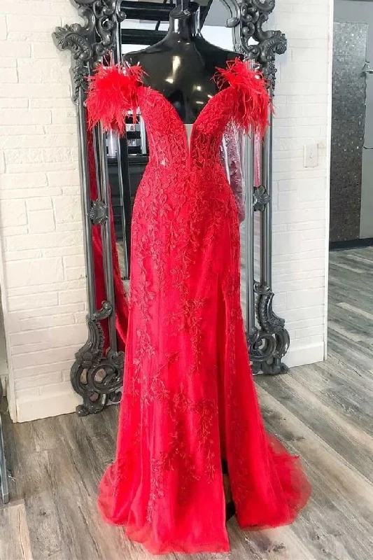 2025 Long Off Shoulder Red Lace Prom Dresses Feathers V Neck Mermaid Evening Dress