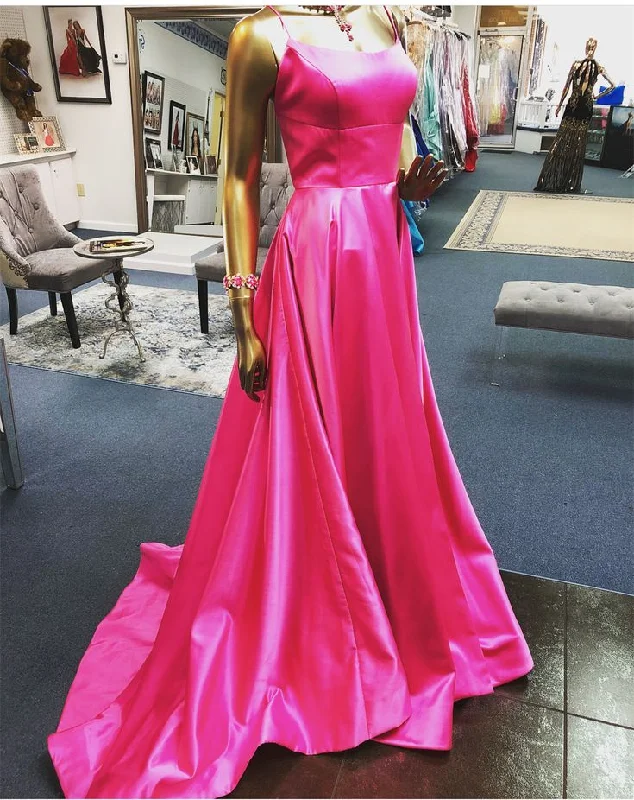 Simple Magenta Evening Dresses UK Long Satin Backless Fuchsia Prom Dress