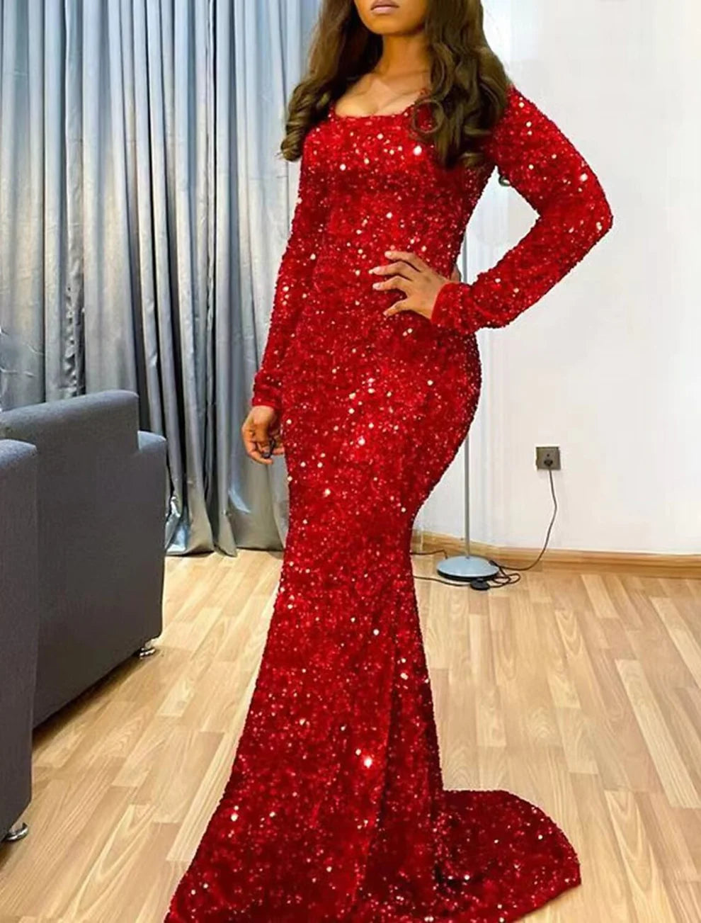 Long Sleeve Sparkle Red Formal Dress Mermaid Evening Gown Sequined