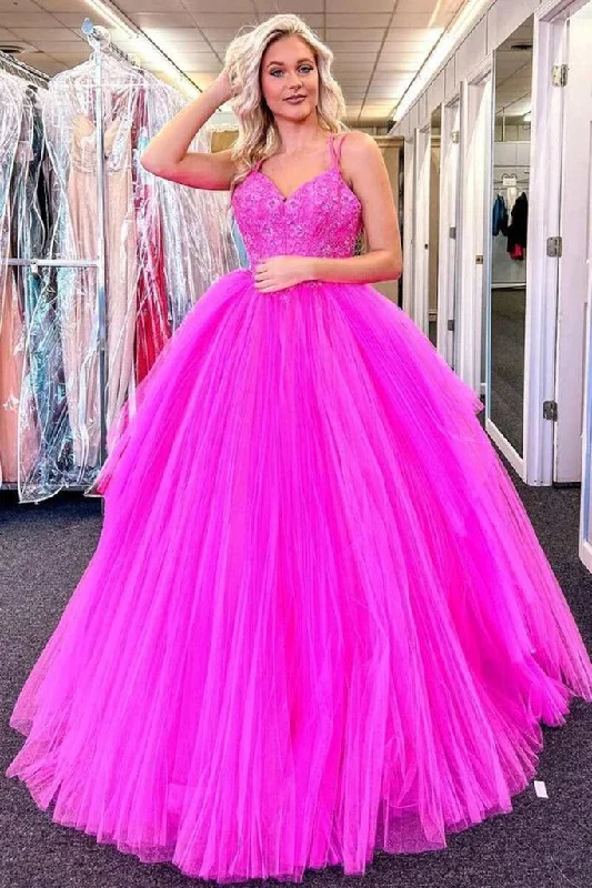 Long V Neck Fuchsia Prom Dresses 2025 Appliques Lace Tulle Formal Evening Dresses