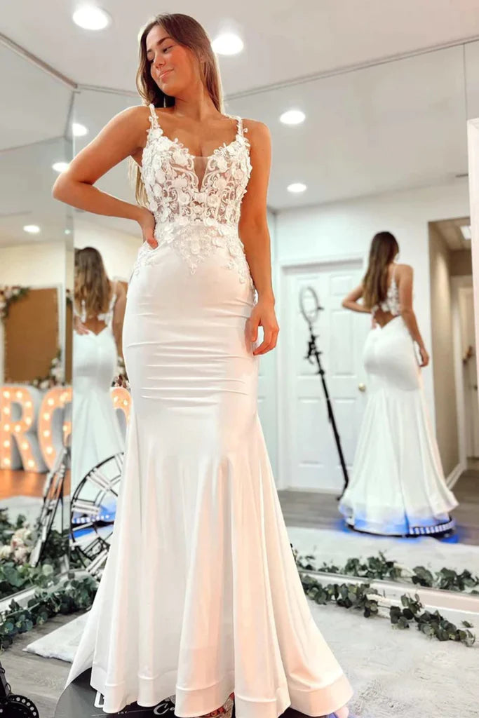 Long V Neck Mermaid Lace 2025 White Prom Dress Open Back Formal Evening Dress