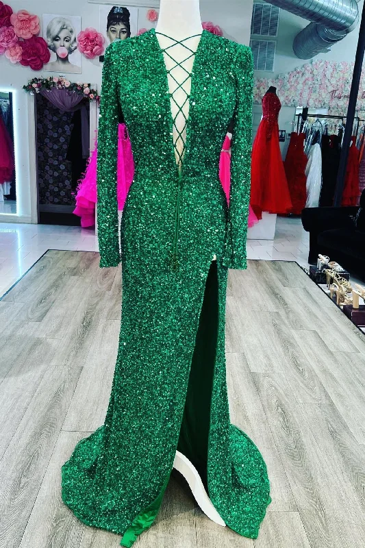 Mermaid Long Sleeves Sequins Green Prom Evening Dresses Lace-Up Neck with Slit