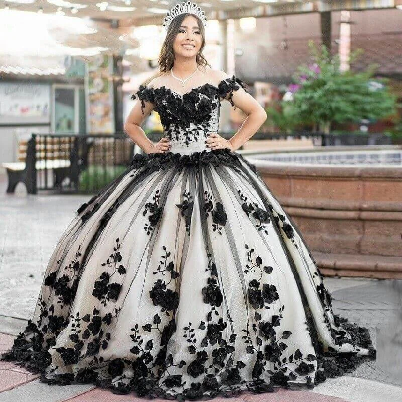 New 3D Flowers Lace Quicneanera Dress Black 2025 Sweet 16 Party Dress