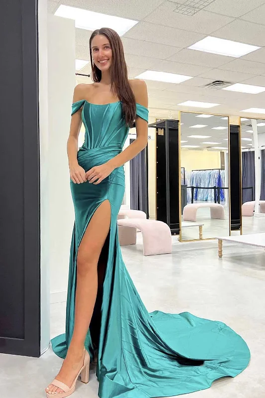 New Off-the-Shoulder Green Satin Evening Dress High Slit Corset Back