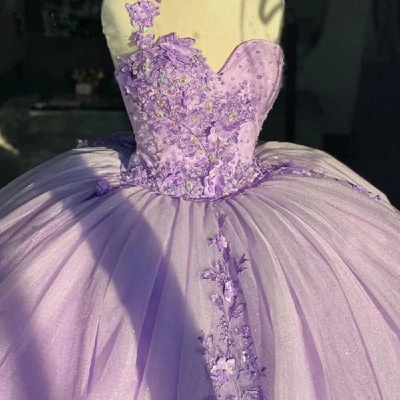 One Shoulder Purple Quinceanera Dresses Ball Gown 3D Flowers Sweet 16 Party Dress