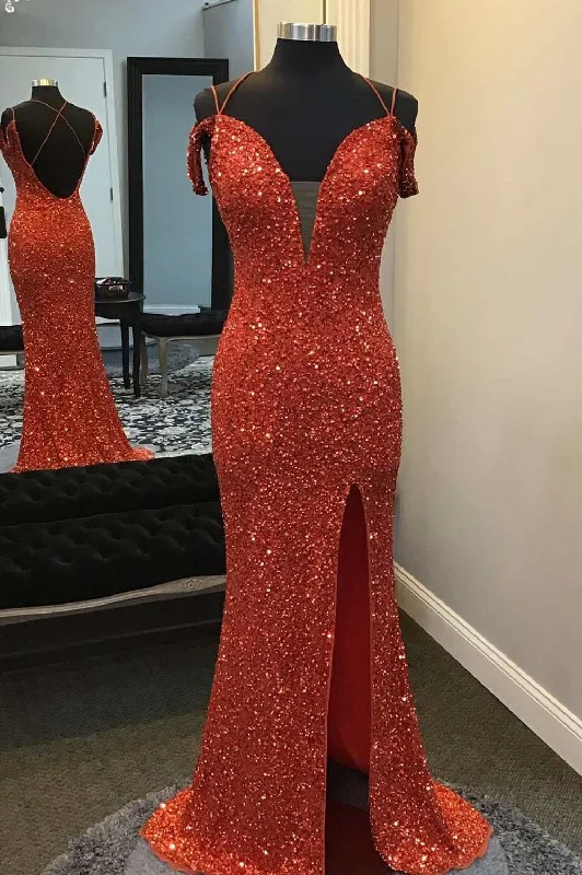 Red Long Prom Dress Sequined Off-the-Shoulder Mermaid Evening Gown with Slit