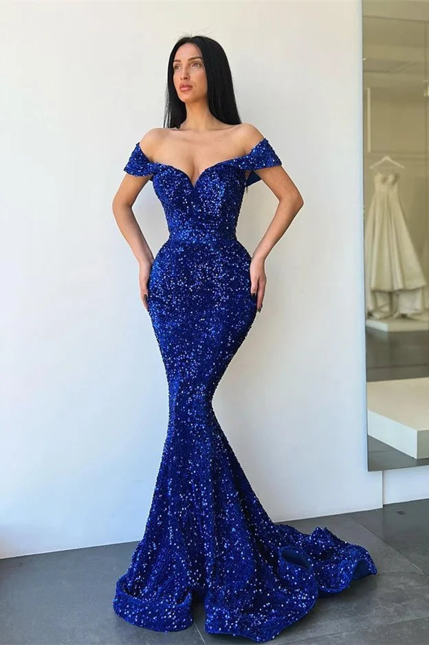 Sequins Royal Blue Prom Dress Off Shoulder Mermaid  Evening Gown