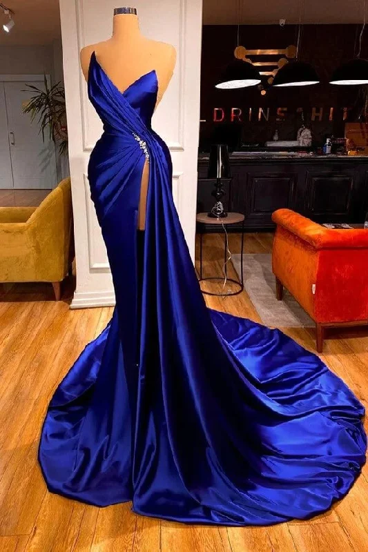 Sexy Blue Long V Neck Satin Evening Dresses Mermaid with High Split