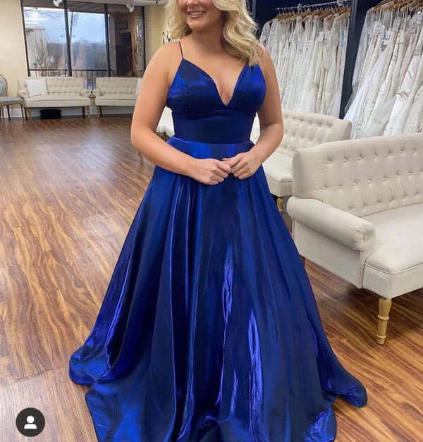 Simple Royal Blue Prom Dresses Plus Size A-Line Satin V-Neck Long Evening Dresses