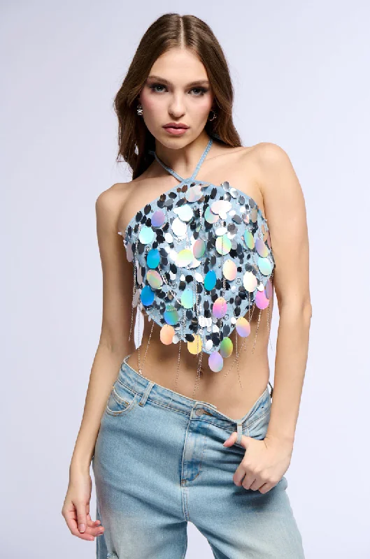 A GIRL NAMED LUCKY EMBELLISHED HALTER NECK TOP