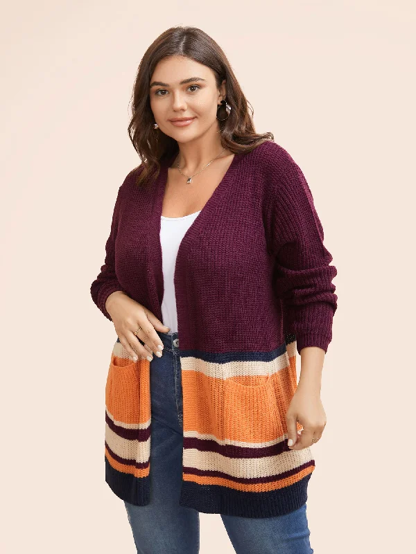 Colorblock Contrast Patched Pocket Open Front Cardigan