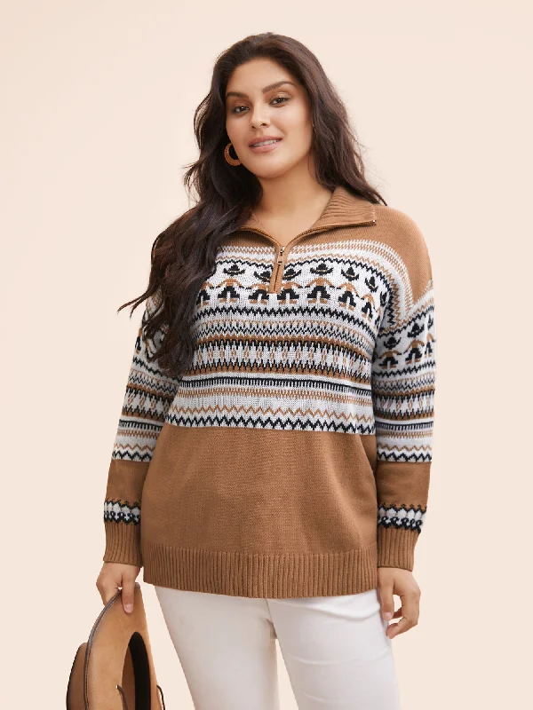 Fair Isle Half Zipper Design Pullover