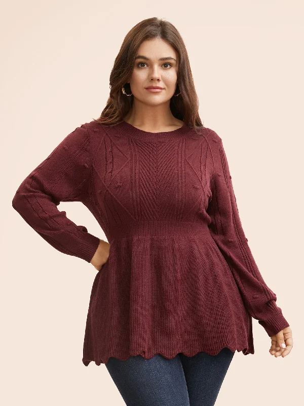 Plain Textured Scalloped Trim Pullover