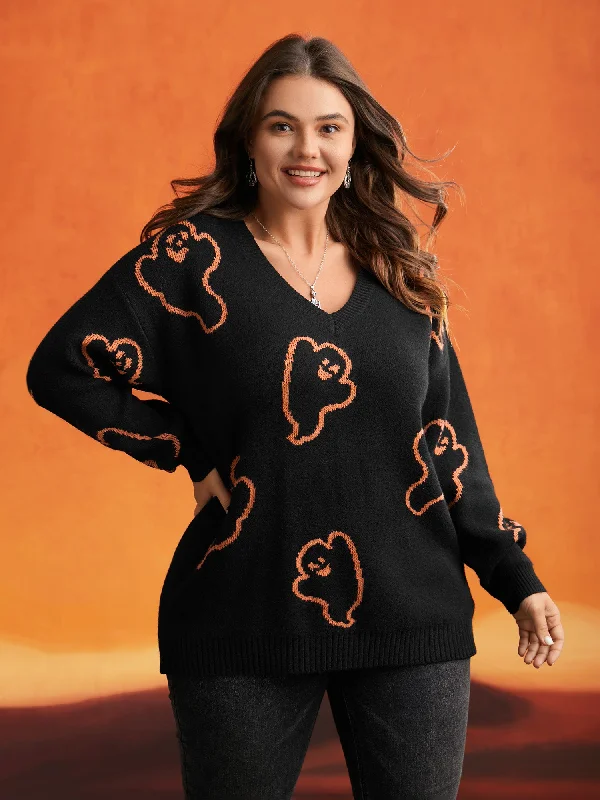 Spooky Ghost Pattern V-Neck Pullover