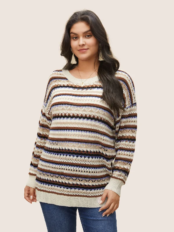 Striped Contrast Drop Shoulder Hollow Out Pullover