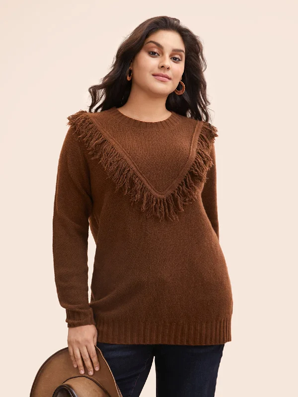 Tassel-Front High Neck Pullover